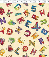 50″ Remnant LAUREL LAND Alphabet Cream Gold Metallic Quilt Fabric Laurel Burch