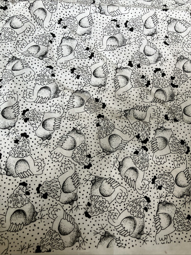 1/2 Yard 2001 Black & White Illustrated Chickens by Fabric Traditions Cotton