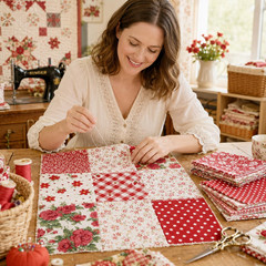 Red Floral Fabric Squares 5X5 Inch, 42 Pcs 100% Cotton Charm Packs for Quilting,