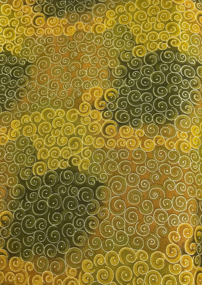 1 Yard Gold , Brown, Green W/ Silver Swirls “ 44” Wide 100% Cotton