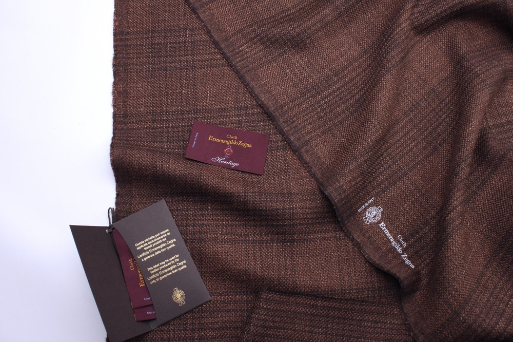 Ermenegildo Zegna Heritage Wool Silk Linen Blazer Fabric Tobacco Brown Check 300