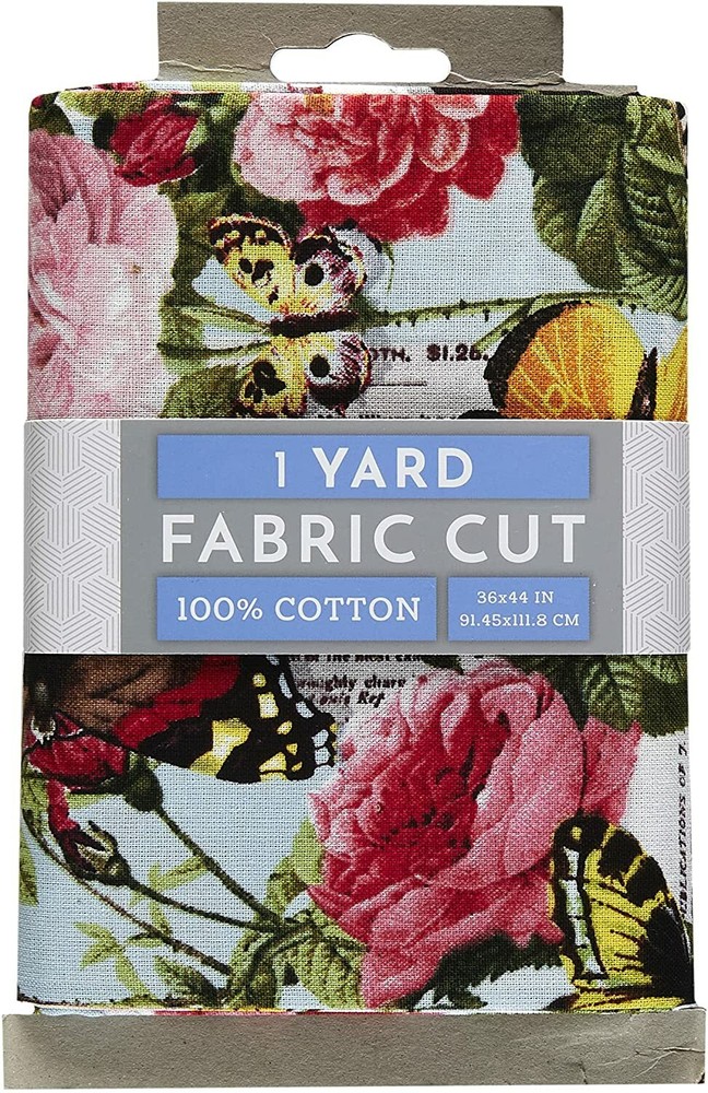 1 Yd Piece – Butterflies Roses Flowers Floral Blue Cotton Fabric Precut M208.50