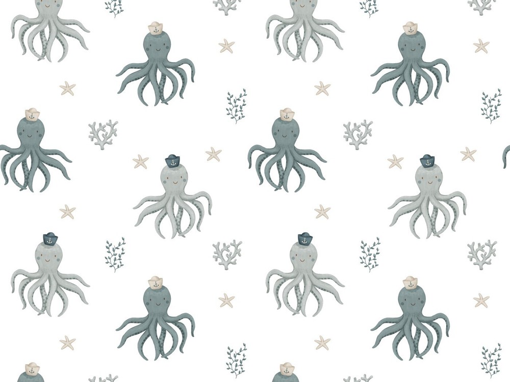 1M X 1.5M Cotton Jersey – Küstenkind Octopus – Fabric 95% Cotton 5% EL Maritime