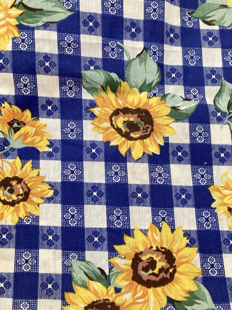 Blue White Check Gingham Sunflowers Cotton Fabric 31″ x 59″ Width