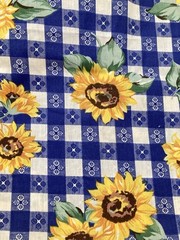 Blue White Check Gingham Sunflowers Cotton Fabric 31″ x 59″ Width