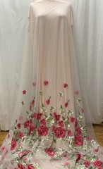 Vibrant 3D Floral Embroidered Tulle Pink Fuchsia Green Fabric 7 Yards 60′ Wide