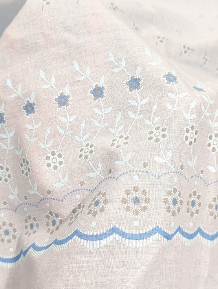 Vintage Blue Flocked Fabric Floral Scallop Faux Eyelet Lacy Design 2 yards x 45″