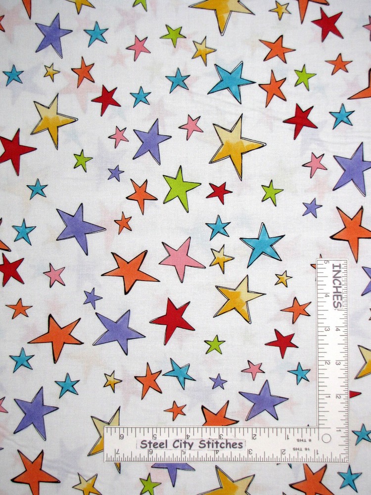 Loralie Designs Scattered Stars Multi Color on White Cotton Fabric By The Yard
