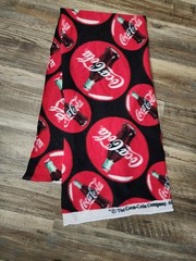 Coca-Cola Fleece Fabric Remnant 13″ x 44″ Black with Red Circles Bottles Print