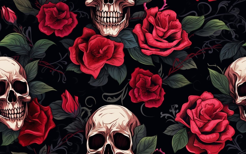 Skull And Roses Printed Cotton Fabric By The Yard