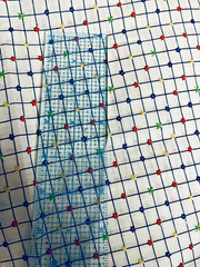 VTG Yellow Red Green Florals on Squares of Blue on White 44″ X 20″