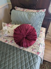 Custom made pillow cover with Hunting Dog Toile in Denim Blue Corded edges.