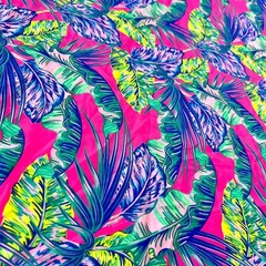 Blue Leaves Hot Pink background Print Nylon Spandex Fabric 4 Way Stretch