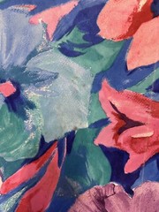 Vintage 90’s Cotton Fabric Big Floral Roses on Grid BLUE 58″X80″ Cottage