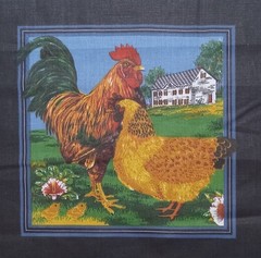 Vtg ~ Cranston ~Yellow & Red ~”Rooster & Hen”~ Cotton Fabric Panel ~ 10.75″x11″