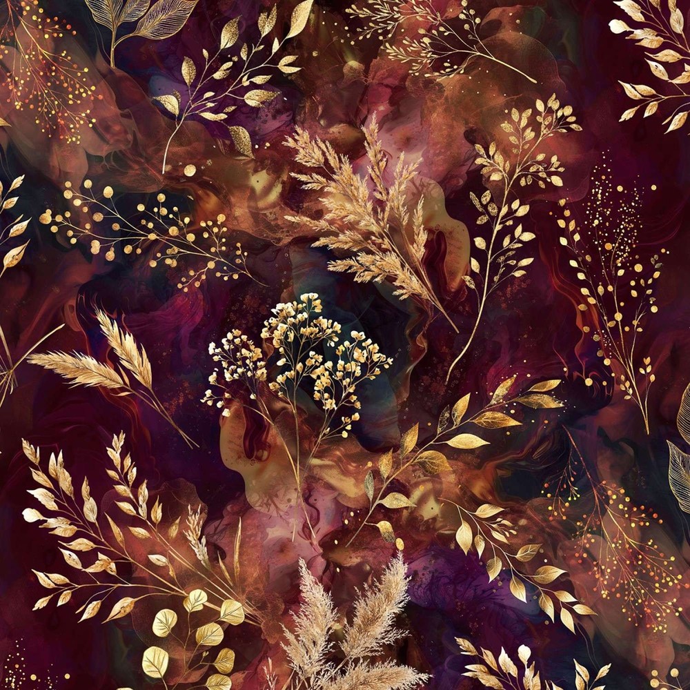 Hoffman – Midnight Flora – Marble And Leaf Stems – Global Spice, Fabric BTY