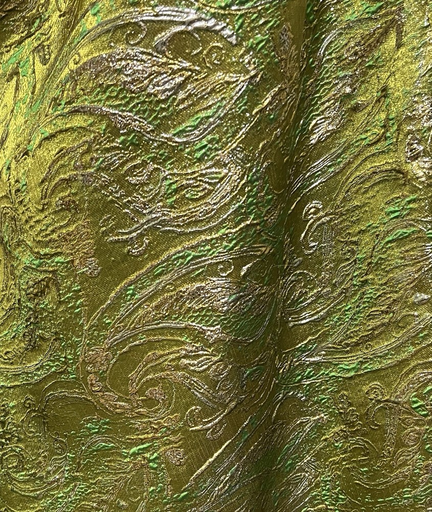 Green Gold Silver Paisley Metallic Brocade Fabric 60” Sold By The Yard