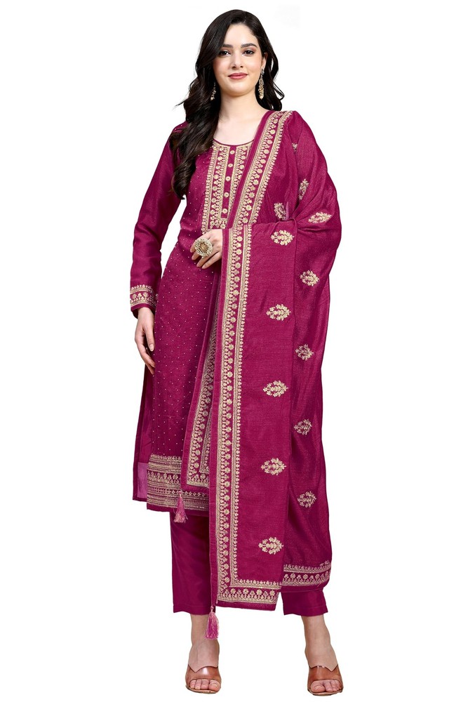Trendmalls Womens Vichitra Silk Embroidery Salwar Suit Set Kurta Pant Dupatta