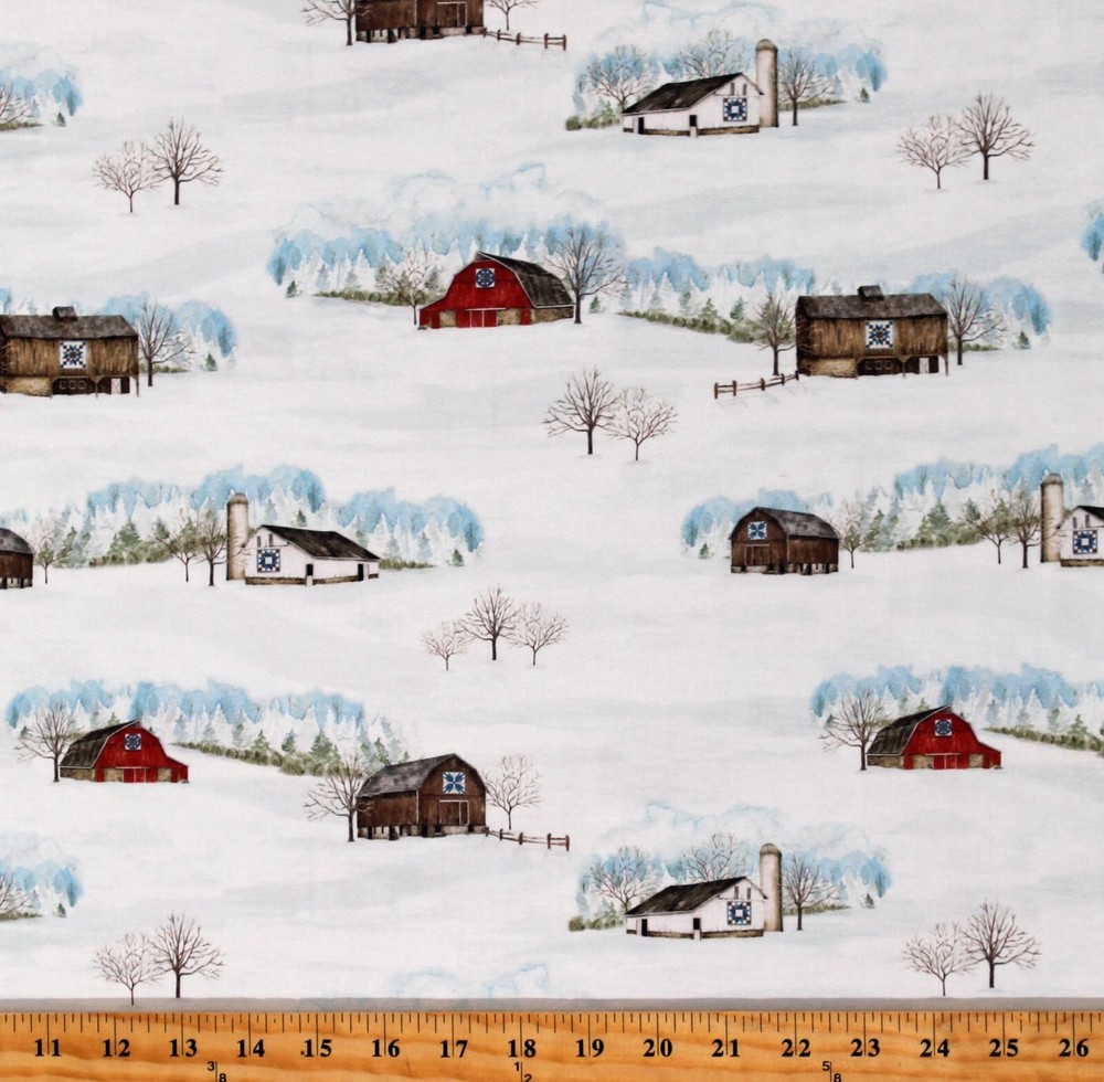 Cotton Winter Barn Quilts Barns Landscape Scenic Fabric Print by Yard D507.49
