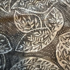 Batik cotton fabric. Brown beige Botanical leaves 4 continuous yards