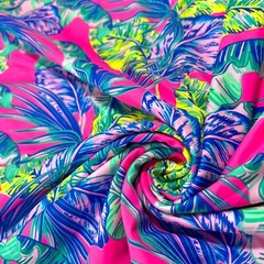 Blue Leaves Hot Pink background Print Nylon Spandex Fabric 4 Way Stretch