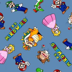 BTHY Mario & Friends Nintendo Super Mario World Blue Cotton Fabric By Half Yard
