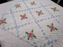 Pink Roses in Winter Vtg Chenille Bedspread Fabric Romantic Floral Dot 22″ x 20″