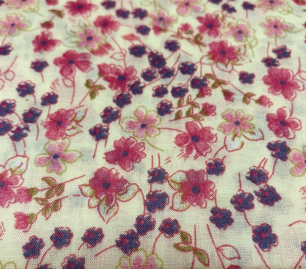OOP Floral Flowy Lawn Fabric Purple Pink Fuchsia Green On Buttery Cream 2 Yards