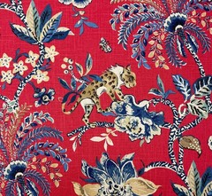 WILLIAMSBURG BRAGANZA POPPY RED JUNGLE CATS LEOPARD LINEN FABRIC 2.75 YARD 54″W