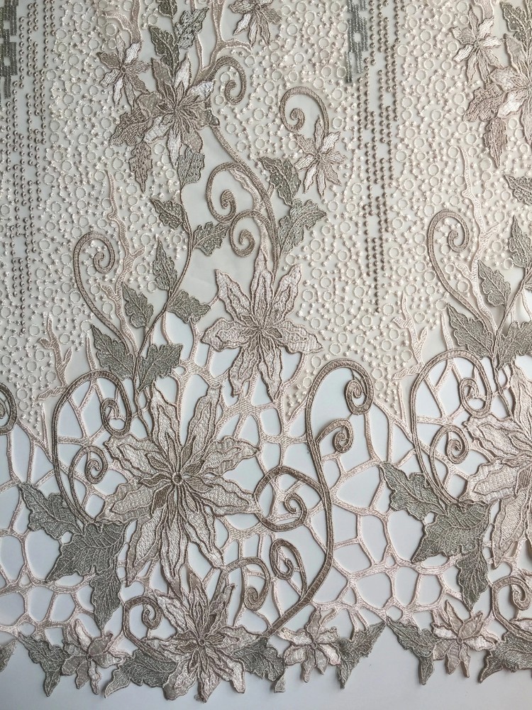 Skye BEIGE TAUPE Embroidered Floral Edge Guipure on Mesh Lace Fabric by the Yar