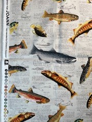 Fabric OOP Fish on Newspaper Exclusively JoAnn Cabin Fishing Cotton 36 L x 44″ W