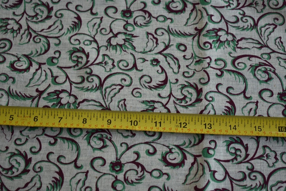 31″ Long x 40″ Wide, Vintage, Green & Brown Scrolls on Light-Tan Cotton N1668