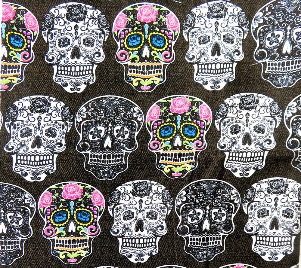 Sugar Skulls Cotton Fabric, David Textiles, SOLD BY 1/2 YD, Pink Roses