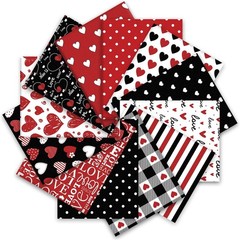 12Pcs Red Black Love Heart Cotton Fabric Bundles 10 x 10 Inch Red Black Love