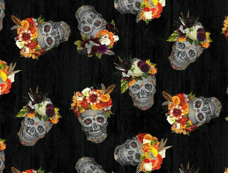 SKULLS DIA DE LOS MUERTOS SKELETON DAY OF THE DEAD COTTON HALF YARD 18″x44″