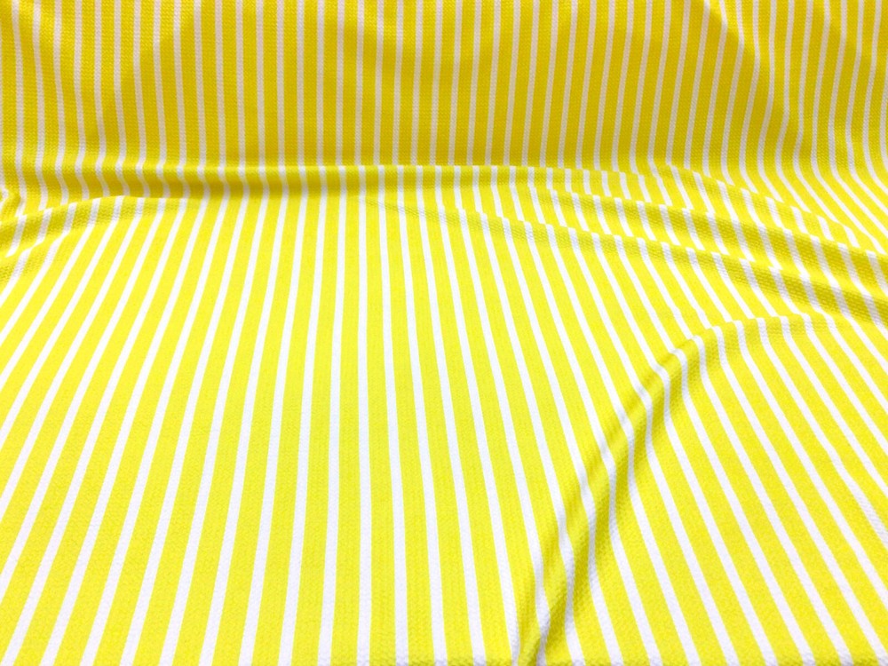 Bullet Printed Liverpool Textured Fabric 4 way Stretch Yellow White Stripe W40