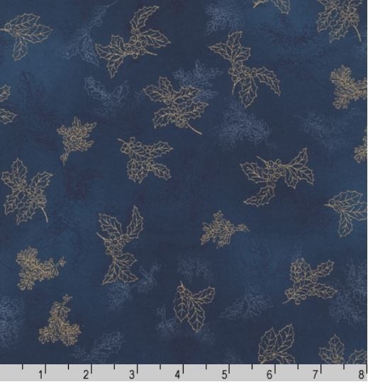 CLEARANCE- 27″ ‘HOLIDAY FLOURISH’ FILIGRE HOLLY ON DK. BLUE FABRIC – KAUFMAN