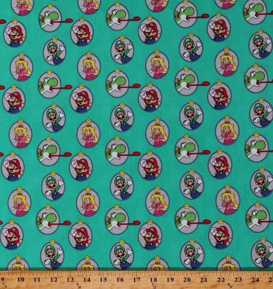 Cotton Mario Luigi Princess Peach Yoshi Green Fabric Print by the Yard D579.62
