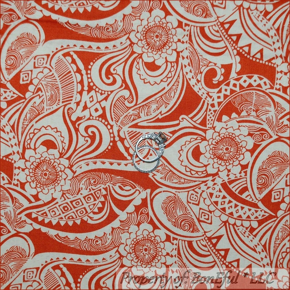 BonEful Fabric FQ Cotton Quilt Orange Rustic Brown Cream Flower Retro Sm Paisley