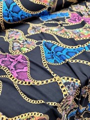 Blue and Yellow Snake Animal Print on Black Spandex Knit Fabric by the Yard