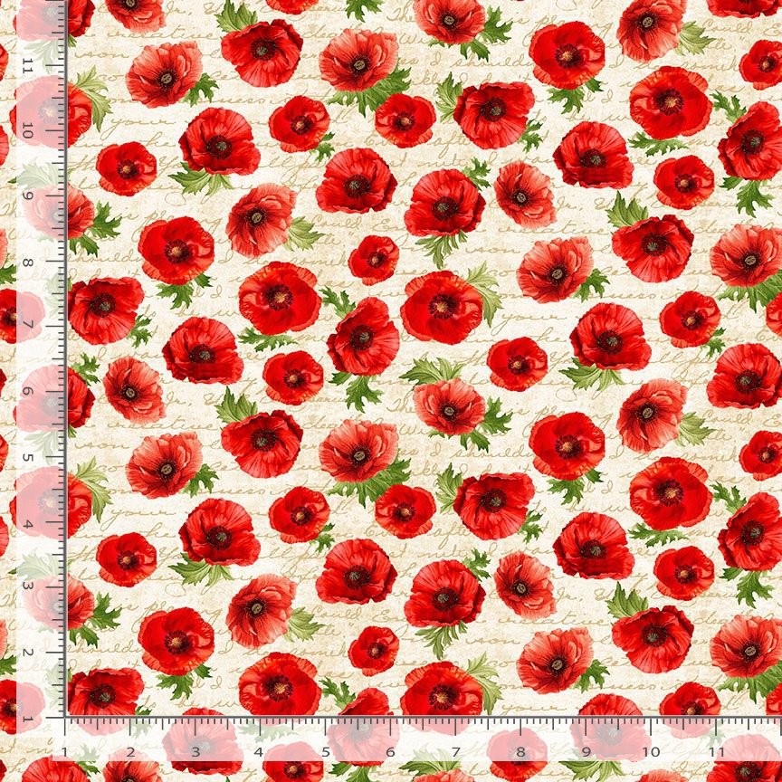 Poppy Passion Floral Fabric | Flower Text Script Cream | Timeless Treasures YARD