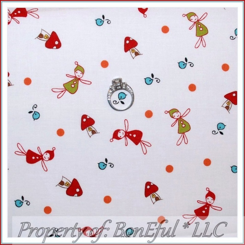 BonEful FABRIC FQ Cotton Quilt White Angel Tooth Fairy Bird Gnome Mushroom House