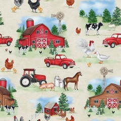 Country Fabric | Out To Pasture Red Pickup Truck & Barn Beige | Blank YARD