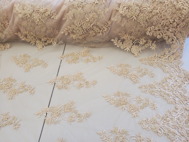 Floral Mesh Lace Fabric w/ Hand Beaded Embroidery – 52″ -Sold by the yard