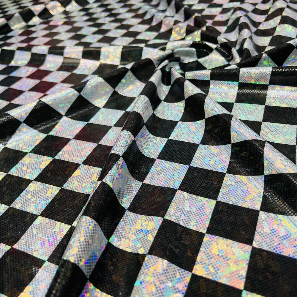 Printed Metallic Chess Squares Fabric Stretch Spandex for Swimwear by yard