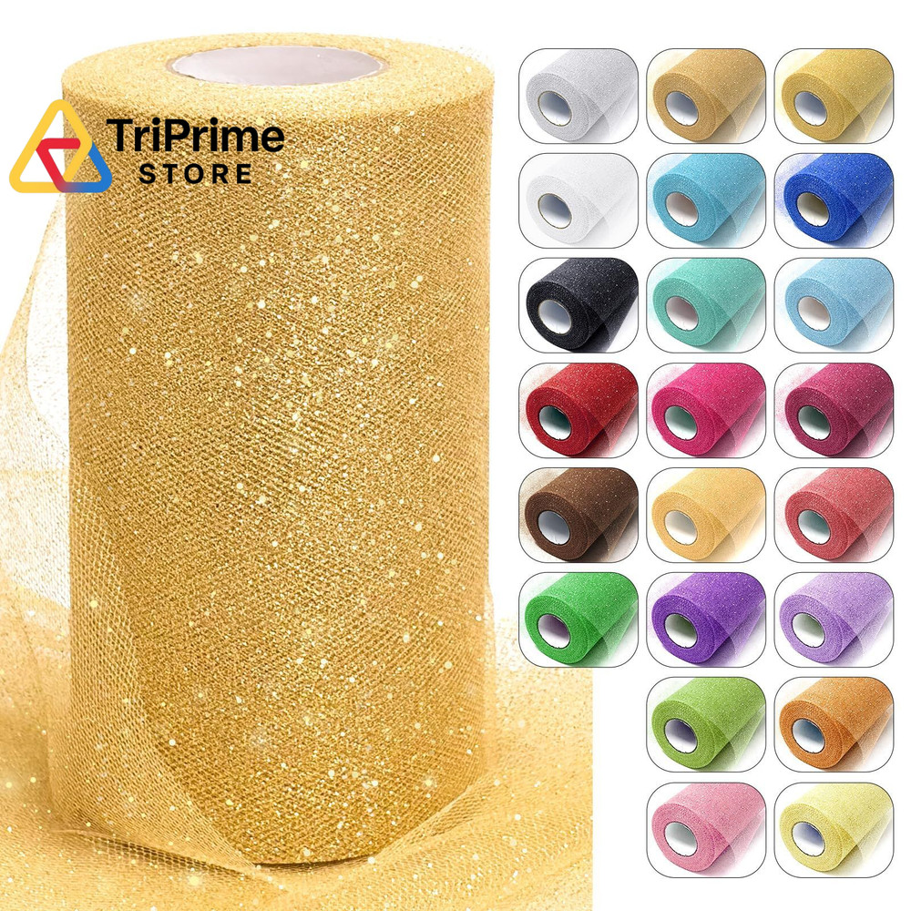 Gold Glitter Tulle Fabric Rolls, 6 Inch x 50 Yards 6″ x 50 Yards, White/Gold