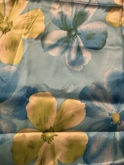 Vtg Silk Fabric Chinese 43” X 118” Large Floral Print Pattern Blue And Yellow