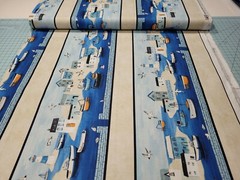 Sailors Rest BTY World Art Group P&B Textiles Scenic Stripe Fishing Village Boat