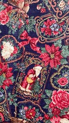Vtg Cranston VIP Joan Messmore Fabric Christmas Floral Santa Cotton 5 yards