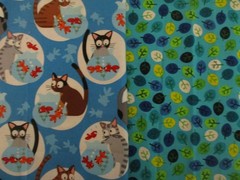 Cotton Quilt Lot of 2 FQs, Cats and Goldfish Bowls Leaves Novelty Prints